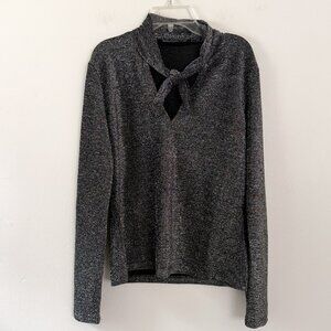 walter baker // silver shimmer black long sleeve tie neck top M